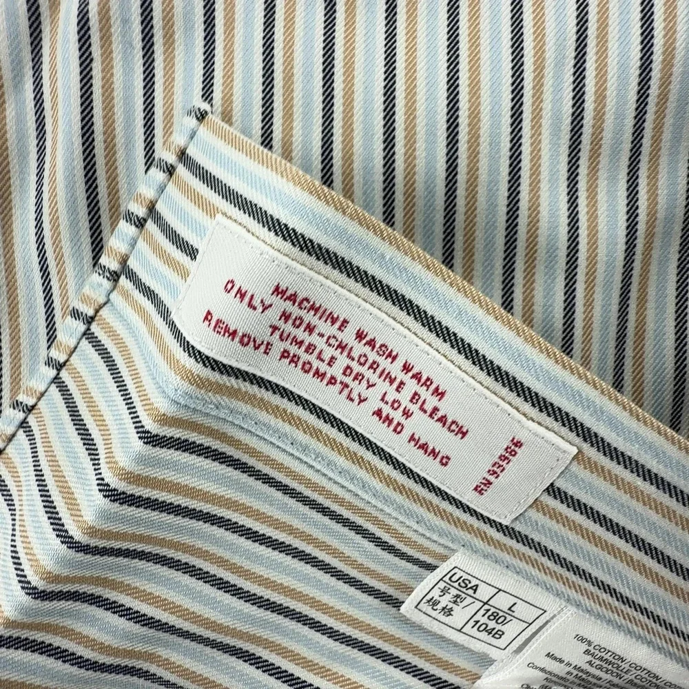 Brooks Brothers Mens Large Blue Tan Stripe Supima Cotton Non Iron Dress Shirt